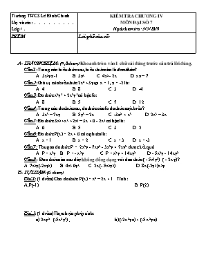 Đề kiểm tra Chương IV môn Đại số Lớp 7 - Năm học 2018-2019 - Trường THCS Lê Đình Chinh